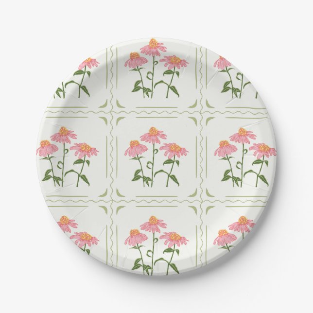 Pink and Green Spring Coneflowers Paper Plates (Front)