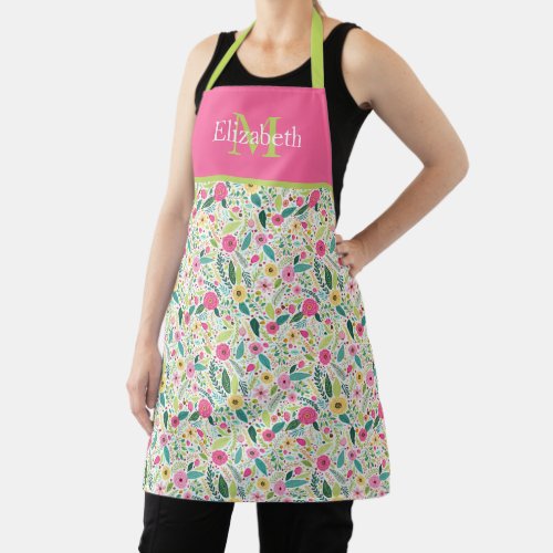 Pink and Green Spring Flower Monogram Apron