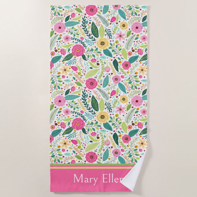 Pink and Green Spring Flowers Beach Towel (Front)