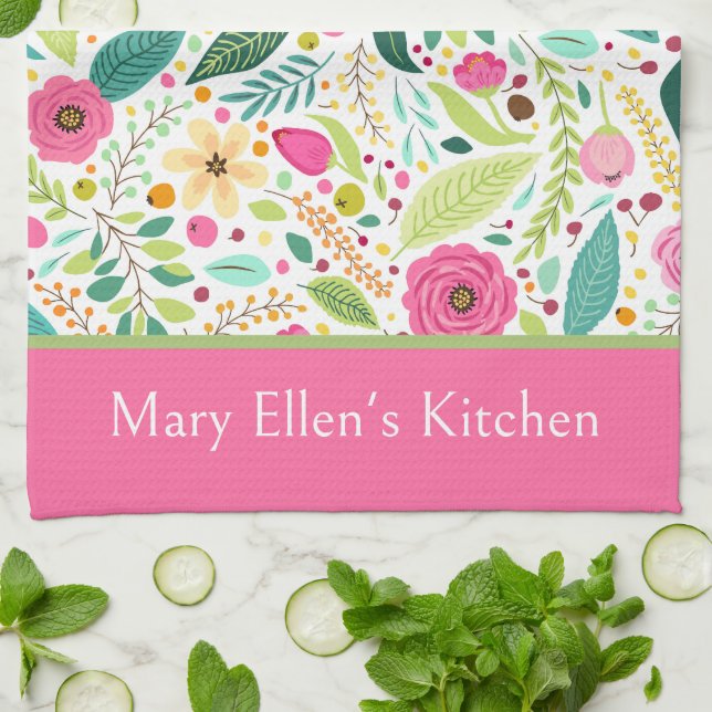 Pink and Green Spring Flowers Kitchen Towel (Folded)