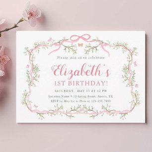 Pink and Green Spring Garden 1st Birthday Party Invitation