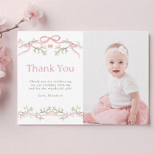Pink and Green Spring Garden 1st Birthday Photo Thank You Card
