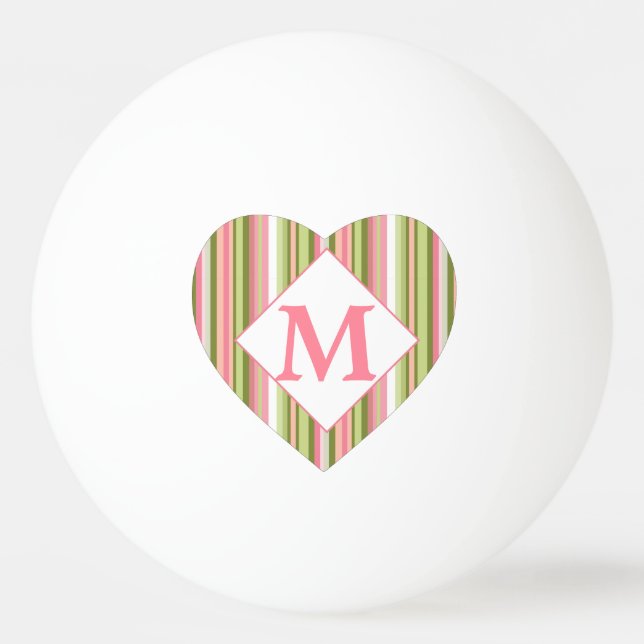 Pink and Green Spring Stripe Monogrammed Heart Ping-Pong Ball (Front)