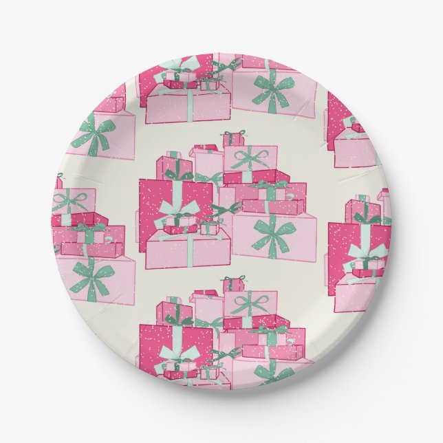 Pink and Green Stacked Christmas Presents Paper Plates (Front)