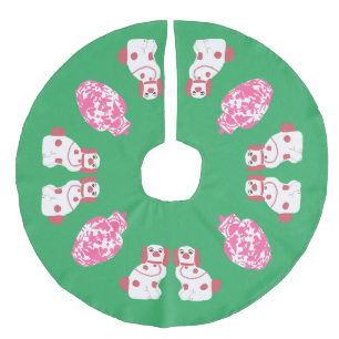 Pink and Green Staffordshire Dog and Ginger Jar Faux Linen Tree Skirt