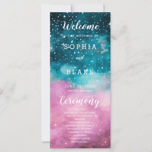 Pink and Green Stars Celestial Wedding Program (Front)