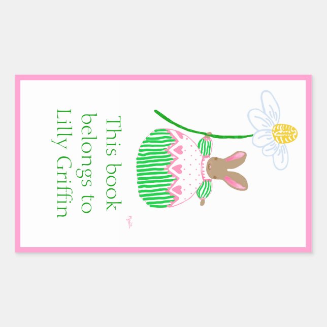 Pink and green stripe daisy bunny bookplate (Front)