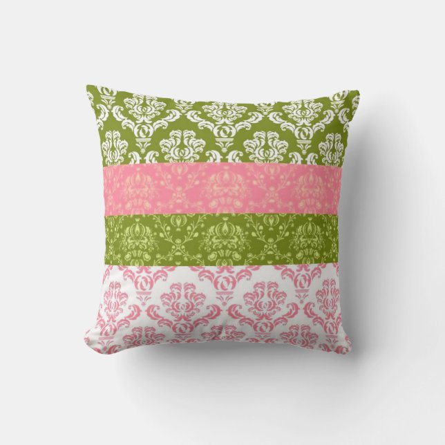 Pink and Green Stripe Damask Throw Pillow (Front)
