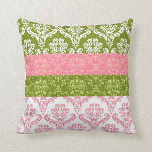 Pink and Green Stripe Damask Throw Pillow