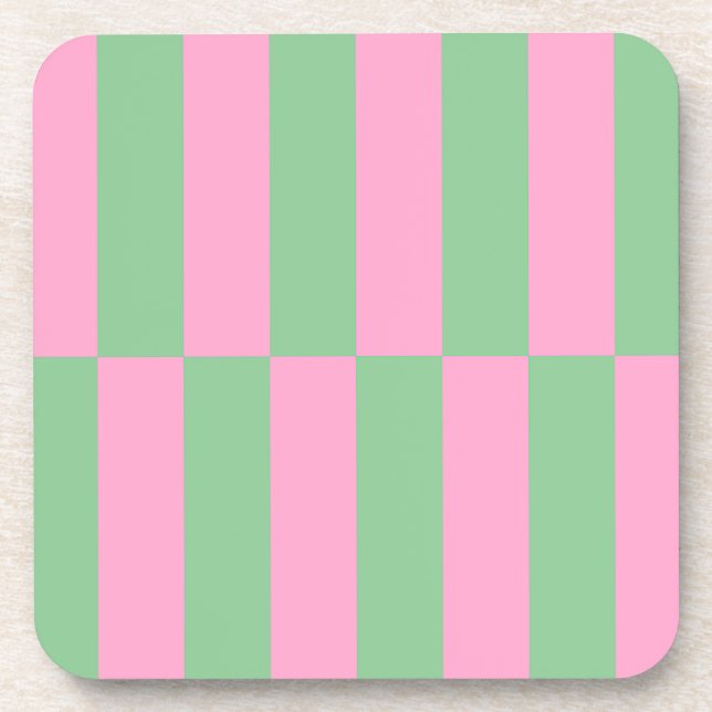 Pink and Green Striped Geometric Pattern Beverage Coaster (Front)