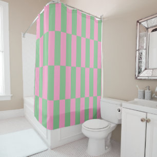 Pink and Green Striped Geometric Pattern Shower Curtain