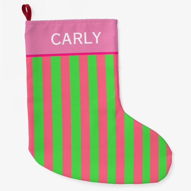 Pink and Green Striped Large Christmas Stocking (Front)