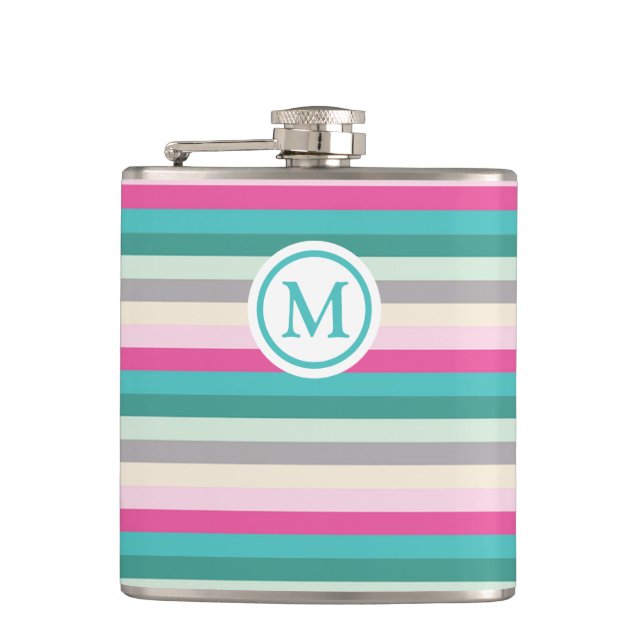 Pink and Green Striped Monogrammed Flask (Front)
