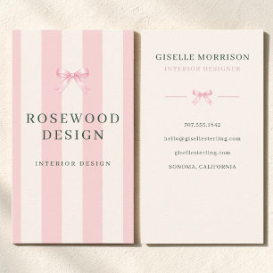Pink and Green Striped Preppy Bow Interior Design Business Card