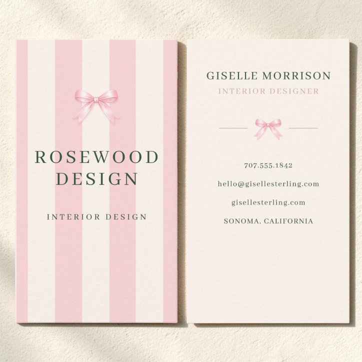 Pink And Green Striped Preppy Bow Interior Design Business Card