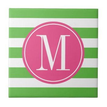Pink And Green Stripes Custom Monogram Ceramic Tile by DreamyAppleDesigns at Zazzle