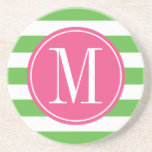 Pink and Green Stripes Custom Monogram Drink Coaster<br><div class="desc">Trendy and modern stripes pattern coaster. Write your first name initial on the template to personalize. You can change the green stripes color by clicking the Customize it button - Edit Menu - Background.</div>