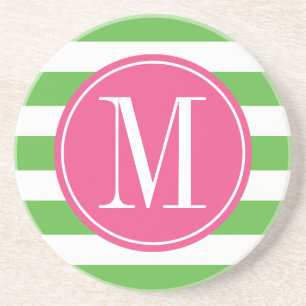Pink and Green Stripes Custom Monogram Drink Coaster