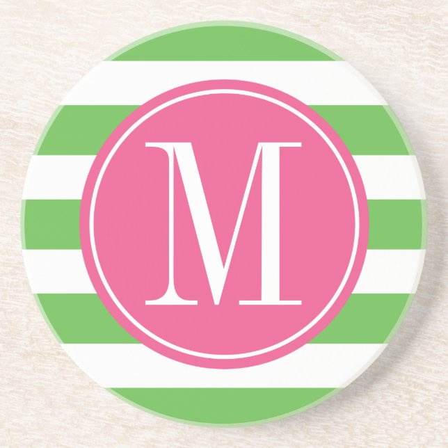 Pink and Green Stripes Custom Monogram Drink Coaster (Front)