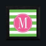 Pink and Green Stripes Custom Monogram Keepsake Box<br><div class="desc">Trendy and modern stripes pattern gift box. Write your first name initial on the template to personalize. You can change the green stripes color by clicking the Customize it button - Edit Menu - Background.</div>