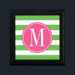 Pink and Green Stripes Custom Monogram Keepsake Box<br><div class="desc">Trendy and modern stripes pattern gift box. Write your first name initial on the template to personalize. You can change the green stripes color by clicking the Customize it button - Edit Menu - Background.</div>