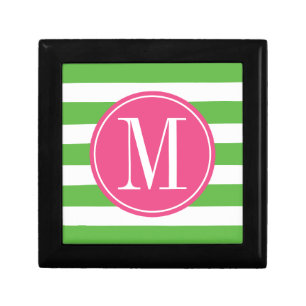 Pink and Green Stripes Custom Monogram Keepsake Box