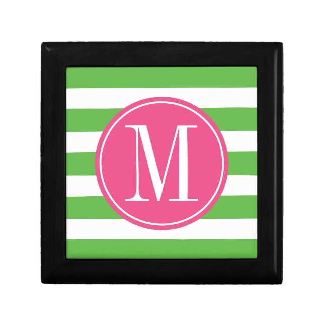 Pink and Green Stripes Custom Monogram Keepsake Box (Front)