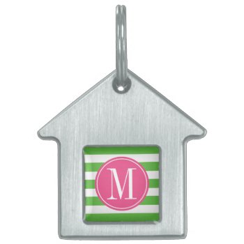Pink And Green Stripes Custom Monogram Pet Name Tag by DreamyAppleDesigns at Zazzle