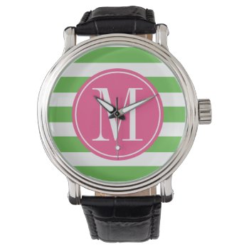 Pink And Green Stripes Custom Monogram Watch by DreamyAppleDesigns at Zazzle