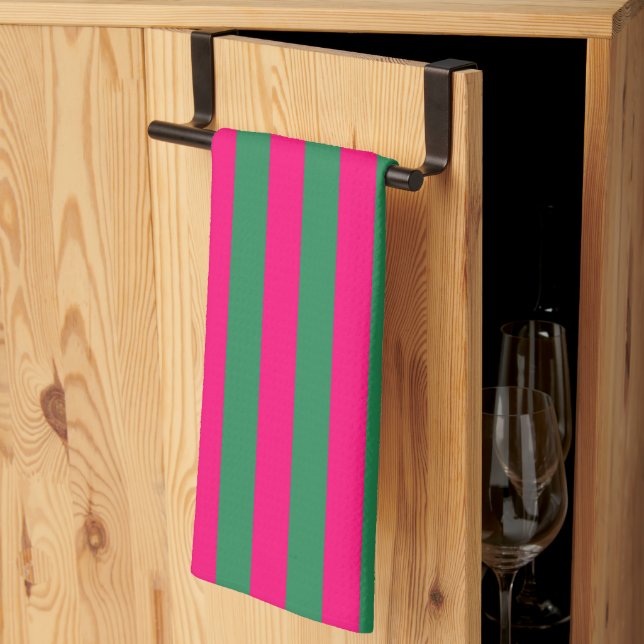 Pink and Green Stripes  Kitchen Towel (Thirds Fold)