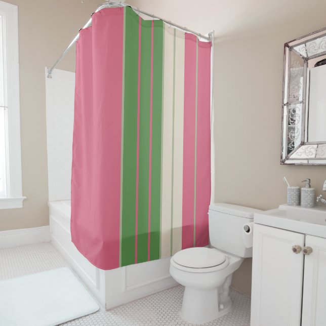 Pink and Green Stripes Mid-Century Modern  Shower Curtain (In Situ)
