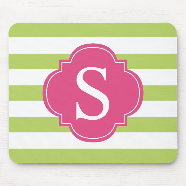 Pink and Green Stripes Monogram Mouse Pad (Front)