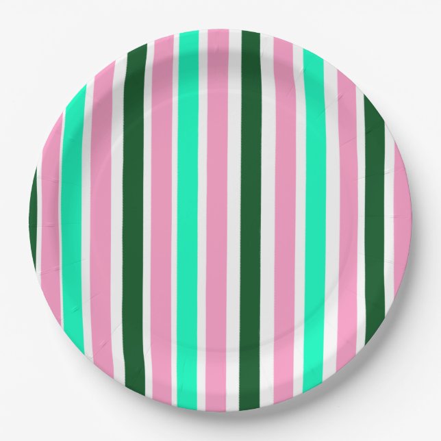 Pink and Green Stripes  Paper Plates (Front)