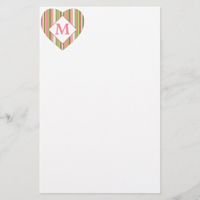 Pink and Green Stripes Personalized Monogram Stationery (Front)