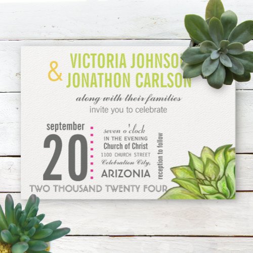 Pink and Green Succulent Modern Typography Wedding Invitation