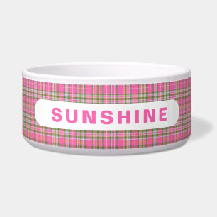Pink and Green Tartan Plaid Dog Name Bowl