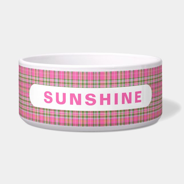 Pink and Green Tartan Plaid Dog Name Bowl (Front)