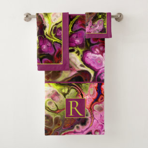 Pink and green tie dye marble pattern and monogram bath towel set