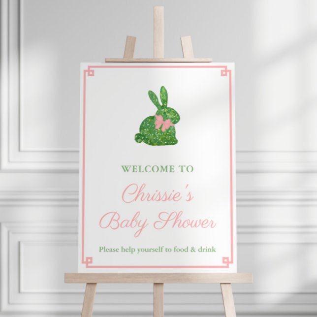Pink And Green Topiary Bunny Baby Shower Welcome Foam Board (Preppy green boxwood bunny with pink bow little girl baby shower party welcome sign)