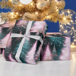 Pink and Green Trees Modern Christmas Wrapping Paper
