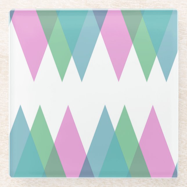 Pink and green triangles glass coaster (Front)