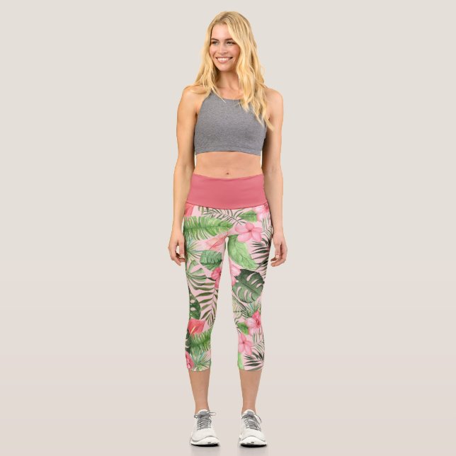 Pink and Green Tropical Flower Women’s Leggings (Front)