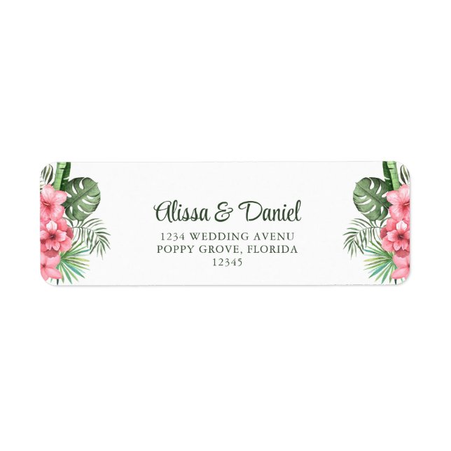 Pink and Green Tropical Flowers Return Address Label (Front)