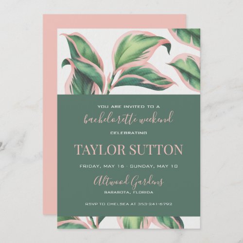 Pink and Green Tropical Foliage Bachelorette Party Invitation