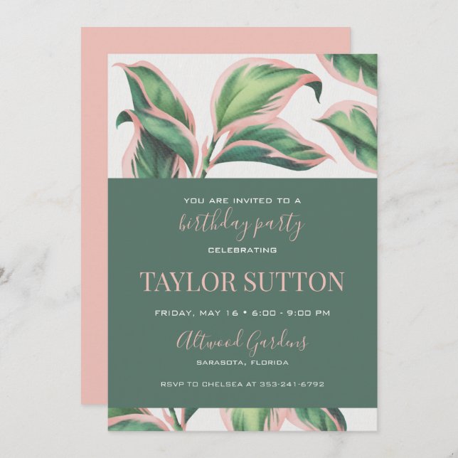 Pink and Green Tropical Foliage Birthday Party Invitation (Front/Back)