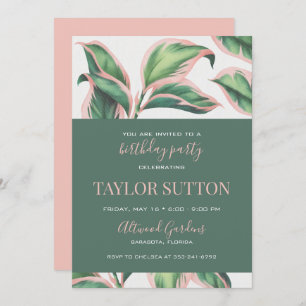 Pink and Green Tropical Foliage Birthday Party Invitation