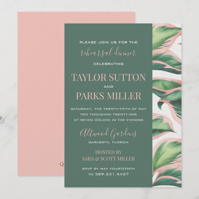Pink and Green Tropical Foliage Rehearsal Dinner Invitation (Front/Back)