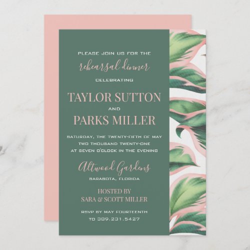 Pink and Green Tropical Foliage Rehearsal Dinner Invitation