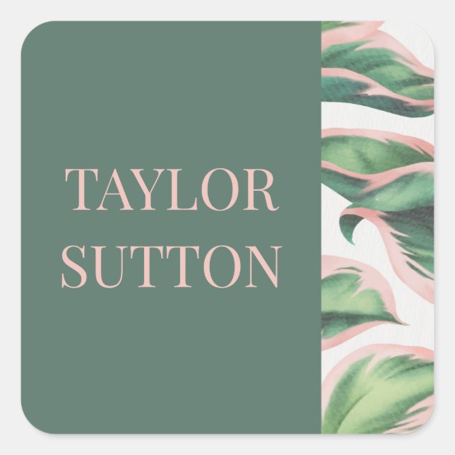 Pink and Green Tropical Foliage Square Sticker (Front)