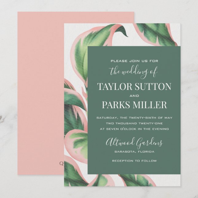 Pink and Green Tropical Foliage Wedding Invitation (Front/Back)